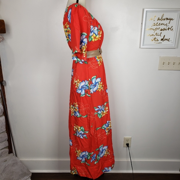 Vintage Hawaiian Red Mumu Floral Short Sleeve Maxi Dress M - Picture 2 of 16